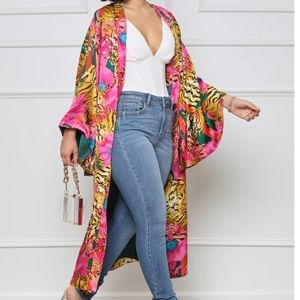 Pink & Green Multicolor Maxi Kimono